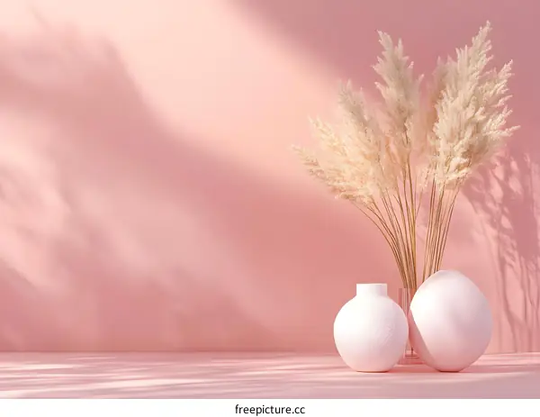 Minimalist Home Decor with Pampas Grass and Vases on Pink Background
