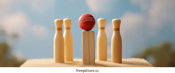Cricket Ball on Bowling Pins Against a Blue Sky