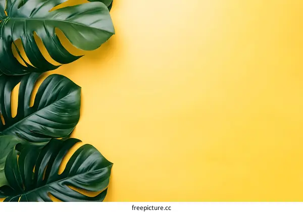 Green Monstera Leaves on Yellow Background