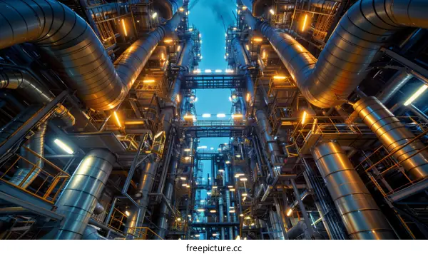 Inside an Oil Refinery at Night