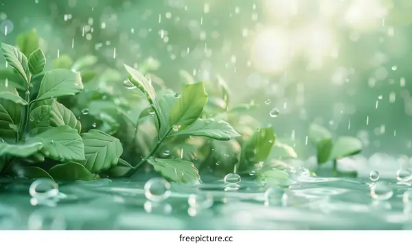 Green leaves in the rain