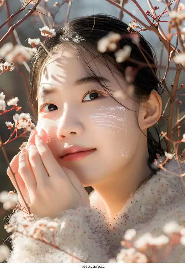 Beautiful Asian Woman with White Flowers on Her Face
