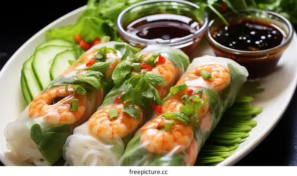 Fresh and healthy Vietnamese spring rolls with vegetables and shrimp