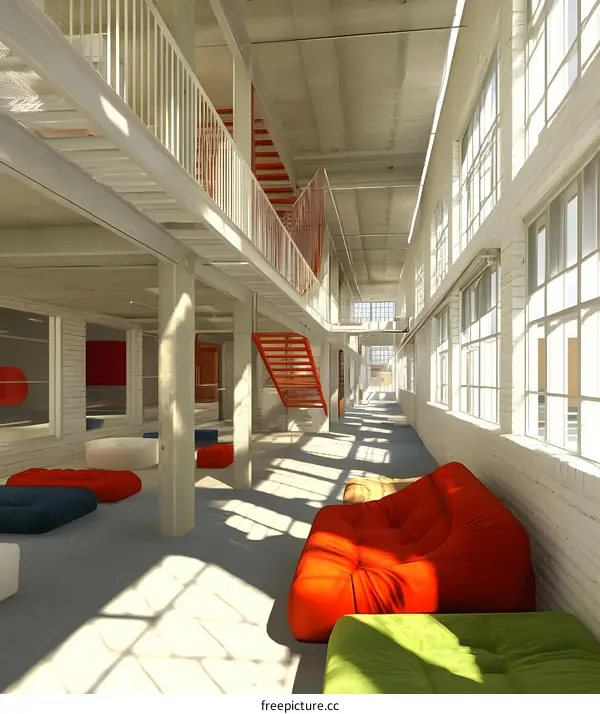 Modern Loft Interior Design with Red Staircase and Large Windows