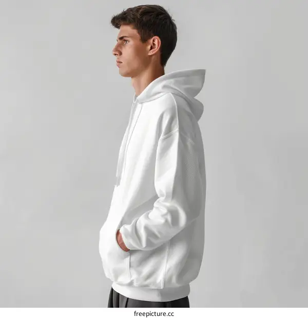 Young male model in a white hoodie posing in a studio