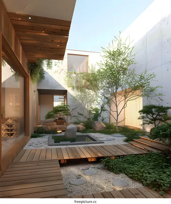 Modern Zen Garden Courtyard Design With Wooden Deck
