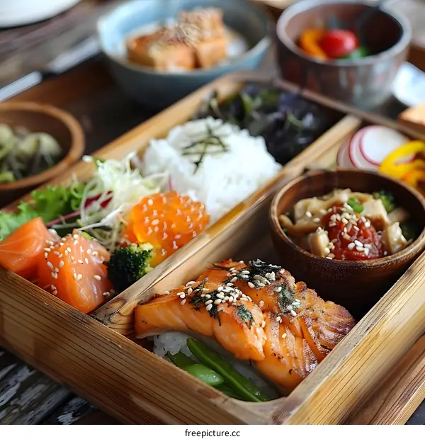 A delicious and healthy bento box with salmon, vegetables, and rice