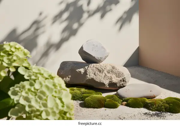 Stone Garden Design with Green Moss and Flowers