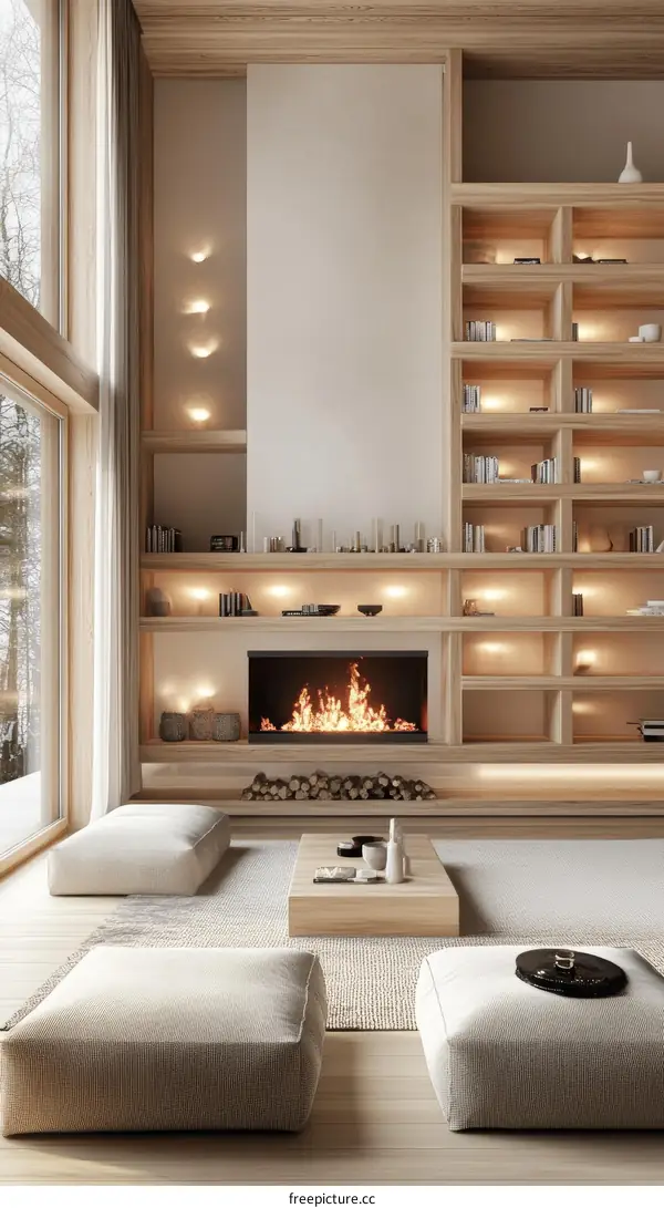 Modern Minimalist Wooden Living Room with Fireplace