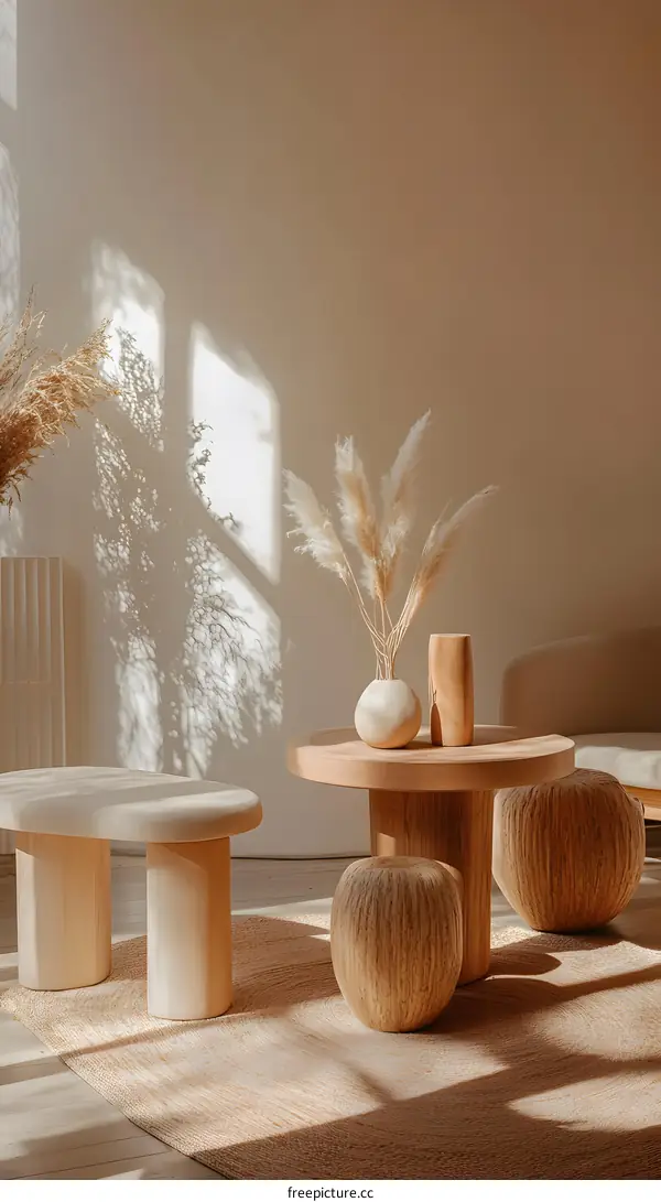 Minimalist Interior Design With Wooden Furniture and Dried Flowers