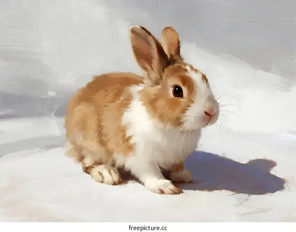 Cute Little Brown and White Rabbit Sitting on Snow