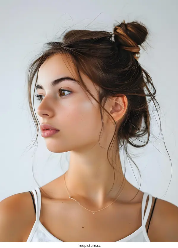 portrait of a young woman with brown hair and a messy bun