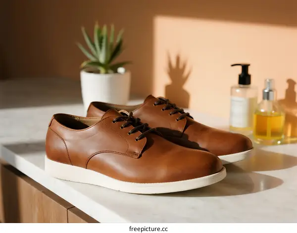 A Pair of Brown Leather Casual Shoes on White Countertop