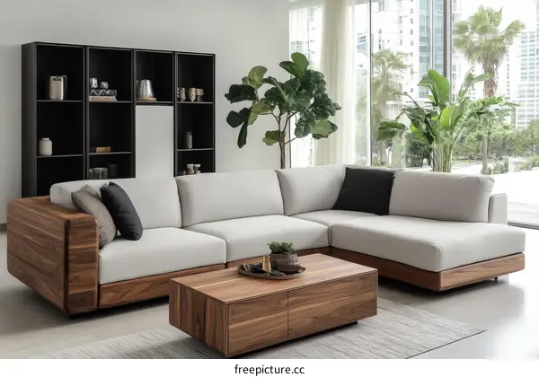 Modern Sectional Sofa with Wooden Coffee Table