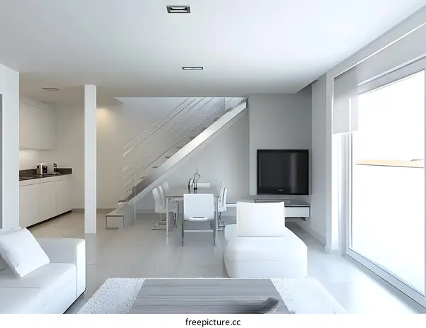 Modern White Interior Design Of A Living Room With A Staircase And A Large Window