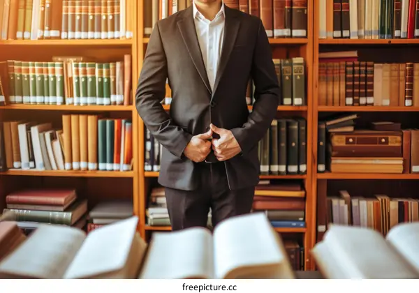 Male librarian standing in the library in front of the bookshelf