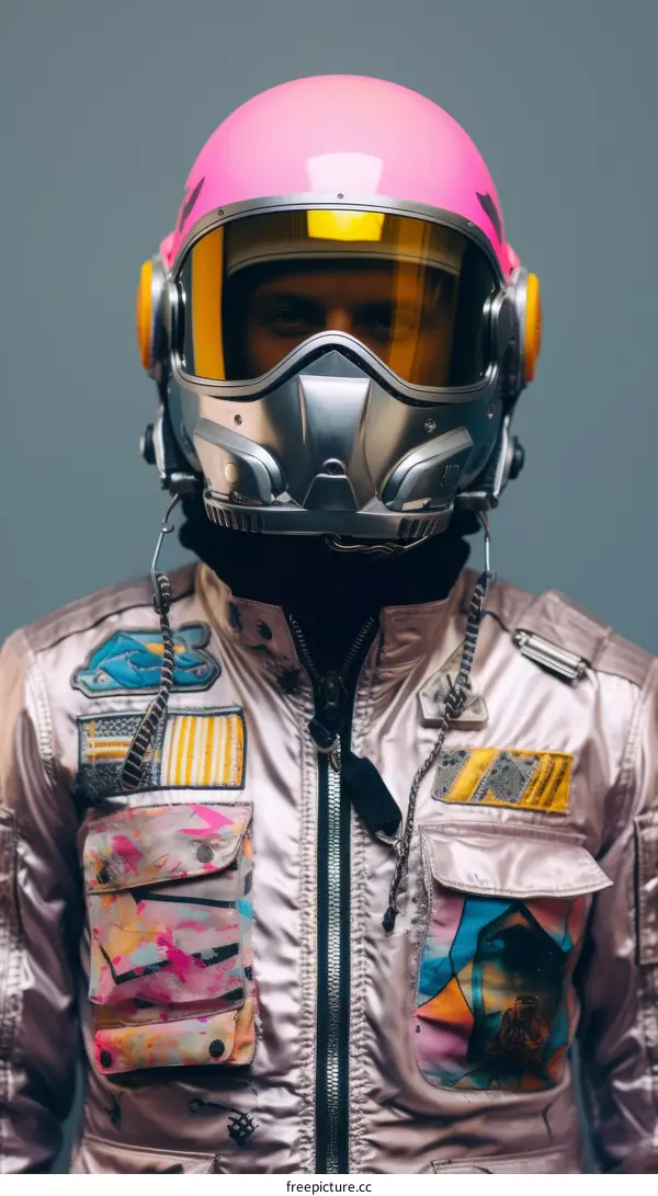 A person wearing a pink helmet and silver suit