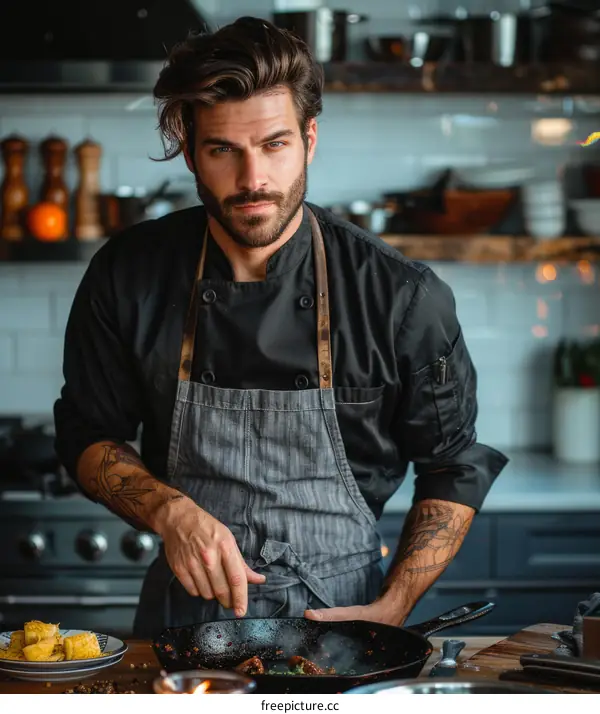 Portrait of a male chef in a black uniform cooking in a kitchen