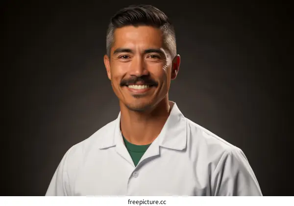 Portrait of a smiling young male doctor with a mustache