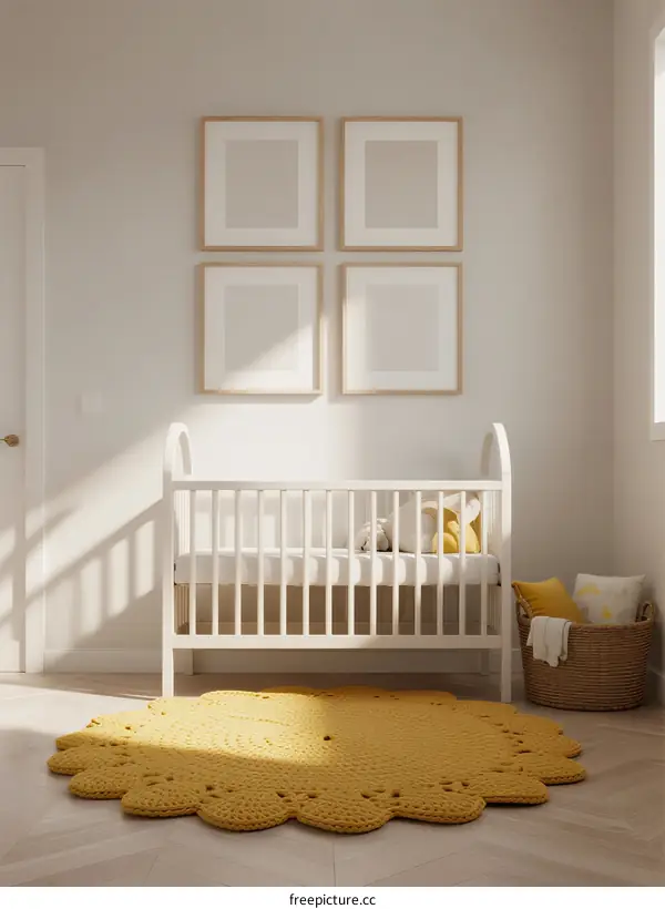 Modern White Crib with Yellow Rug in Bright Minimalist Nursery