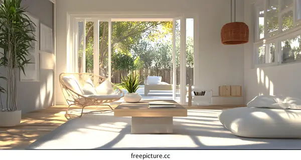 Minimalist Living Room Interior Design With White Walls And Wicker Furniture