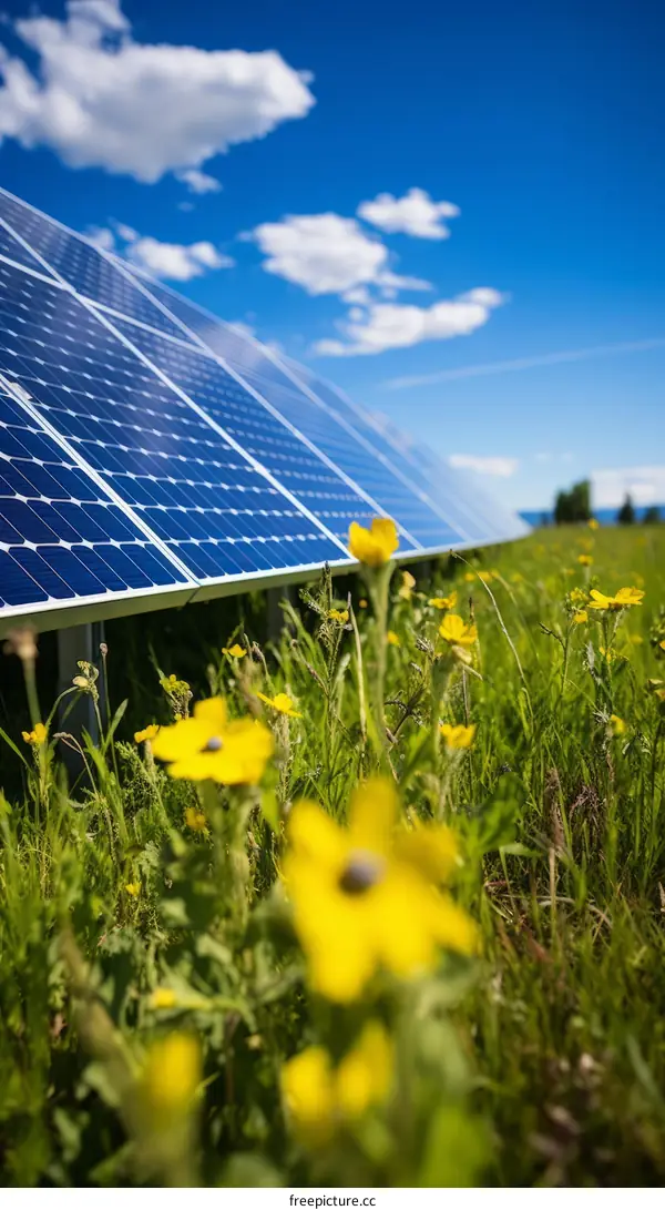 Field of solar panels with yellow flowers in the foreground