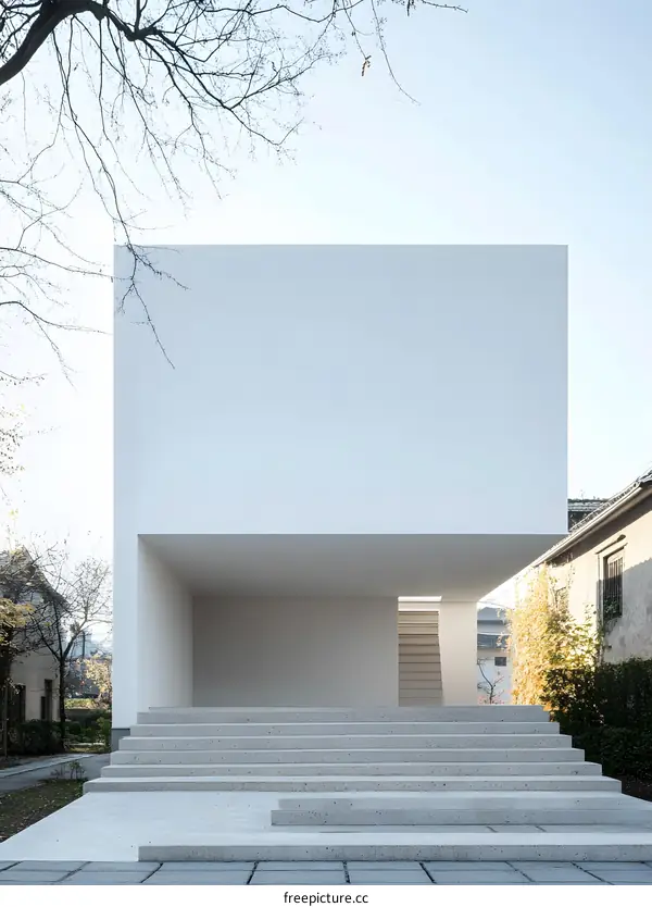 Minimalist White Concrete Building with Steps