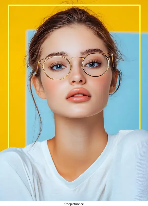Portrait of a Young Woman Wearing Glasses Against a Yellow and Blue Background