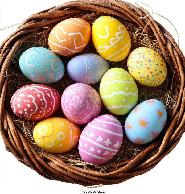 Colorful Easter Eggs in a Wicker Basket