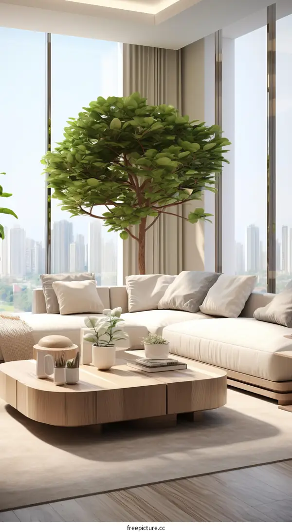 Indoor living room with large windows and a tree