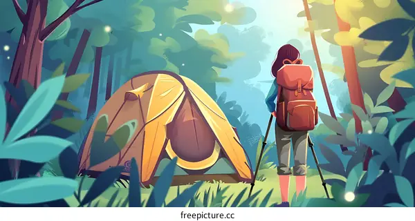 Woman Hiking with Backpack in Forest