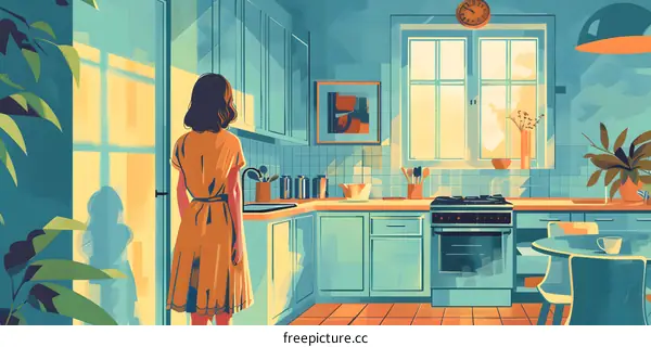A woman standing in a kitchen looking out the window