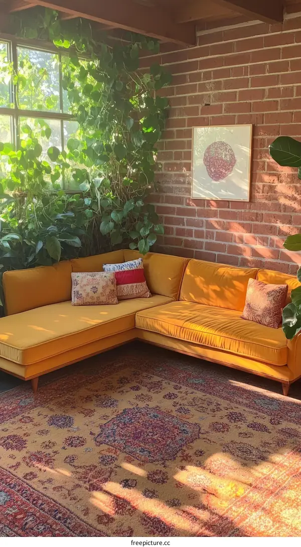 Mustard Yellow Sectional Sofa with Vintage Rug
