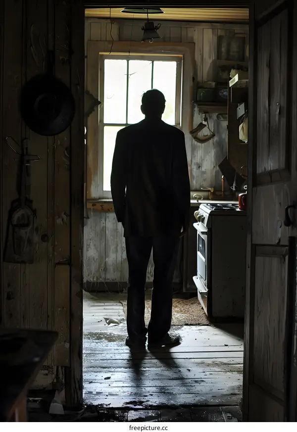 A man standing in a doorway looking out at the window