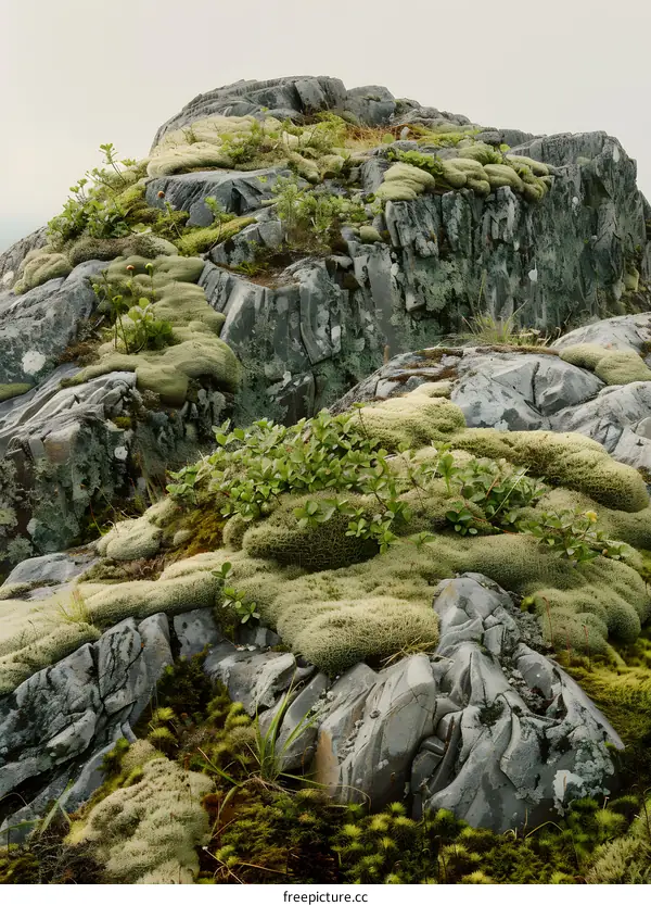 Green Moss Covered Rocks On Cliff
