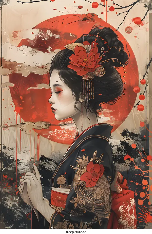 Japanese Woman in Kimono with Red Moon Background