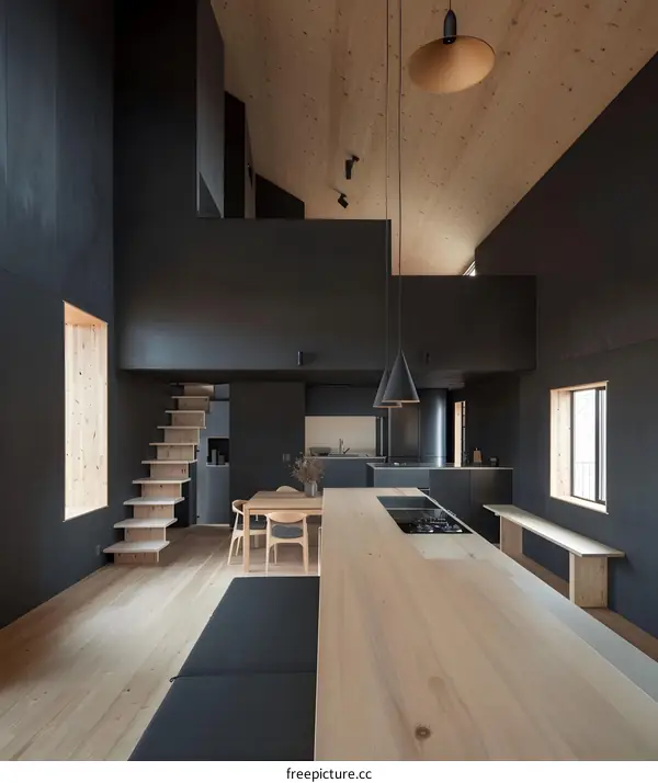 Modern Minimalist Home Interior Design with Wooden Flooring and Black Walls