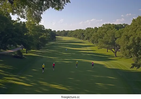 Four golfers on a golf course with caddies