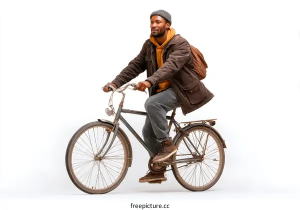 African man riding a vintage bicycle against white background