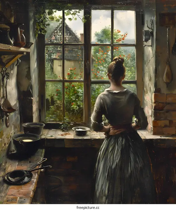 A Woman Looking Out A Window of A Kitchen