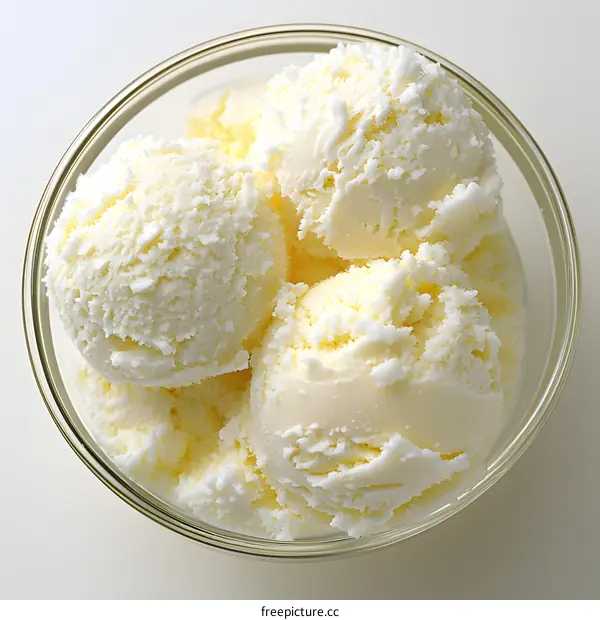 Four ice cream scoops in glass bowl