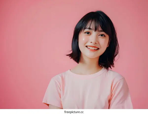 Smiling Asian Woman In Pink T Shirt Against Pink Background