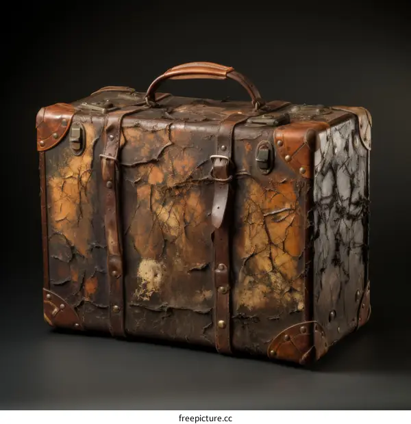 Vintage brown suitcase with leather handle and straps