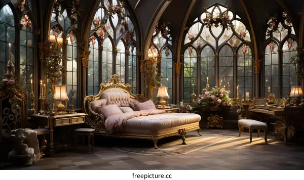 Luxurious Bedroom with Ornate Details, Flowers, and a Piano