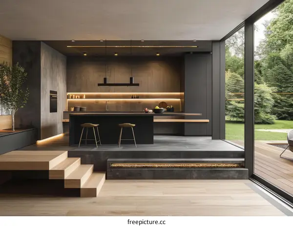 Modern minimalist kitchen with large windows and a raised platform