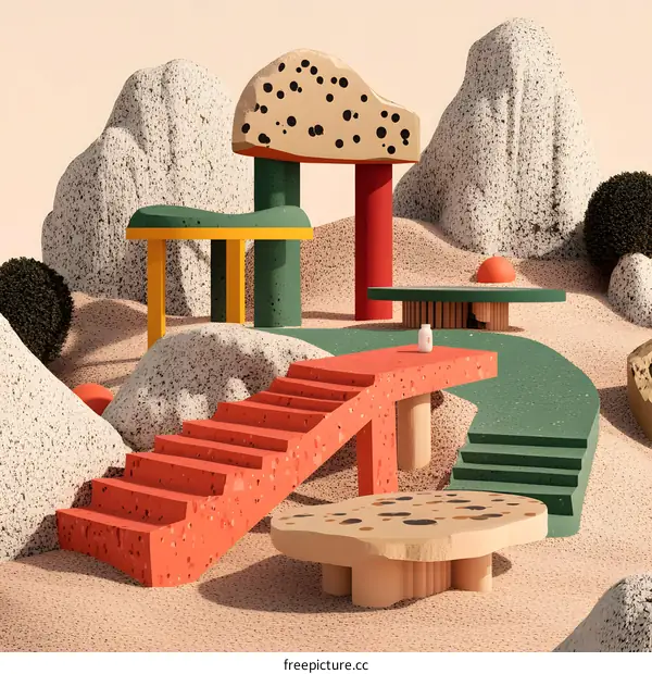 Abstract 3D Illustration with Colorful Geometric Shapes and Stairs