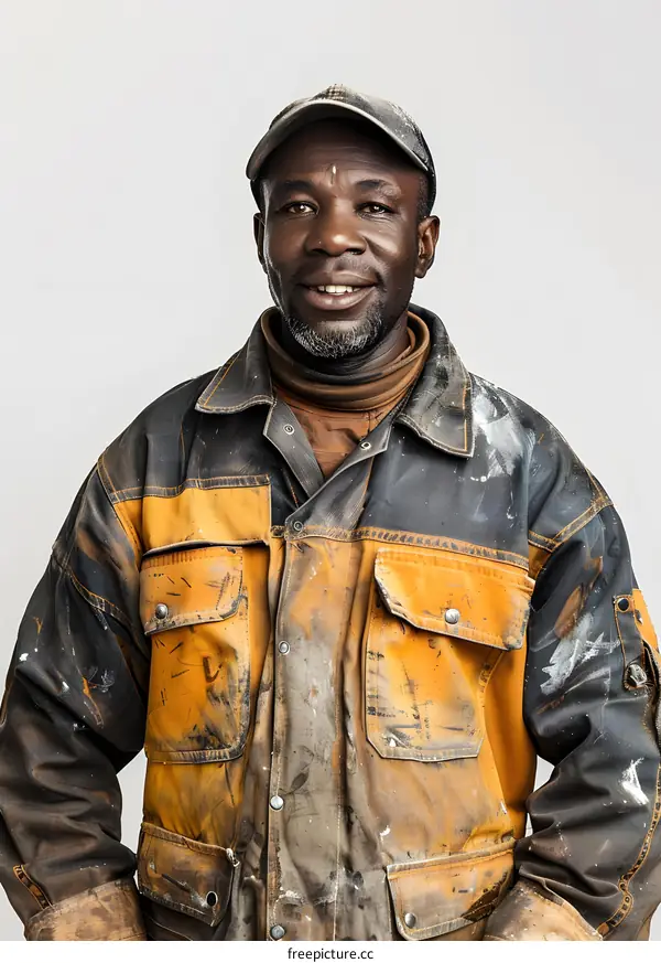 Portrait of a smiling African worker in a dirty uniform