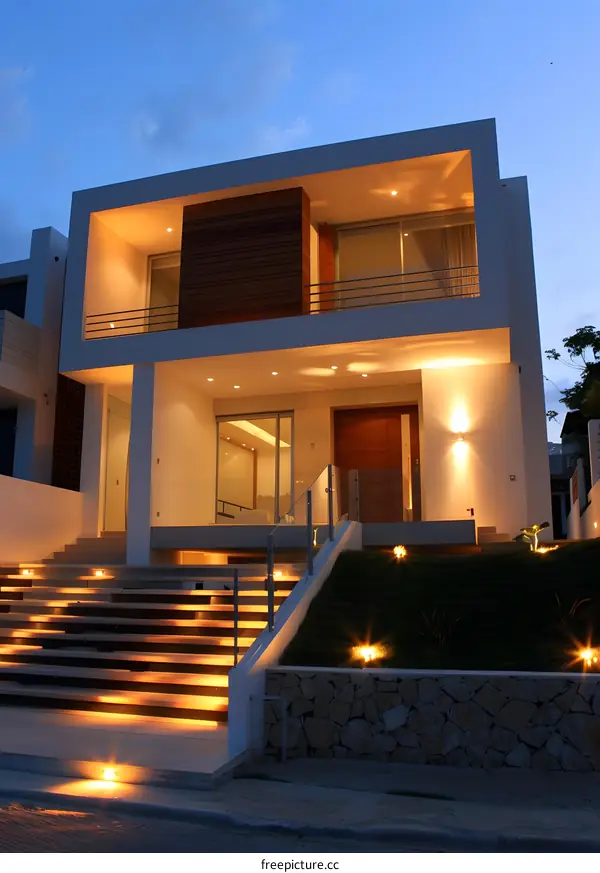 Modern House Exterior With Stone Wall And Stairs