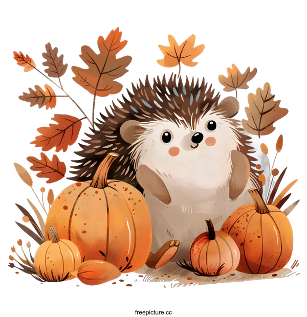 [Transparent Background PNG]Cute Hedgehog with Pumpkins and Autumn Leaves Illustration