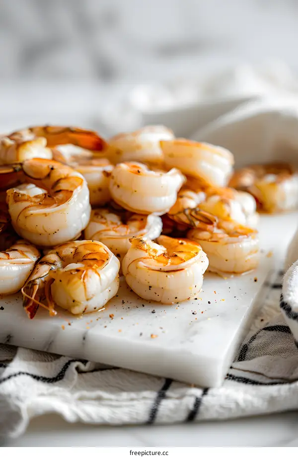 A plate of cooked shrimp on a marble cutting board